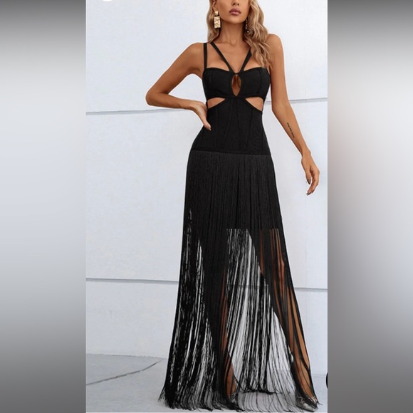 Elegant Black Strappy Fringe Bodycon Dress π€ Cutout Strappy Neck β’ Formal Dress - Picture 3 of 16
